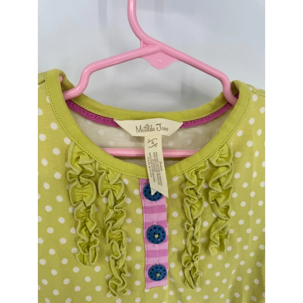 Matilda Jane Dress Girls Size 4 Green Floral Polka Dot Long Sleeve Mixed Print - Picture 2 of 7
